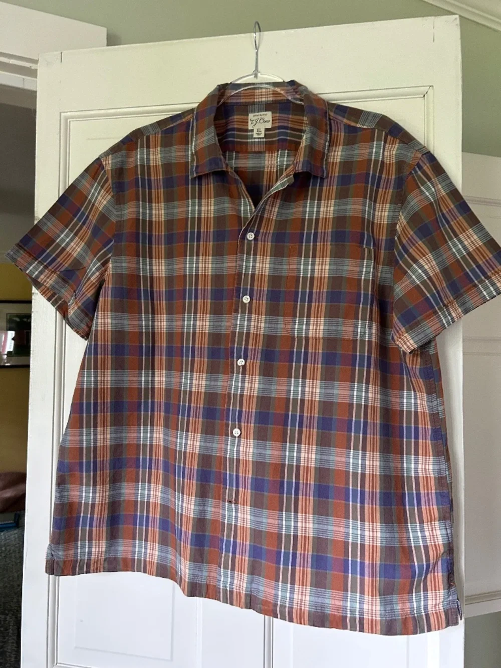 JCREW INDIAN MADRAS BROWN BLUE GREEN WHITE XL SHORT SLEEVED MAN'S SHIRT